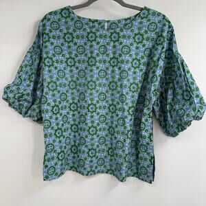 Fitzroy & Willa Mary Beth Puff Sleeve Blouse Womens Small Blue Green Round Neck